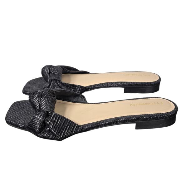 Tuckernuck Brit Sandals Womens 9 Black Raffia Leather Knotted Slide Square Toe - Picture 3 of 10